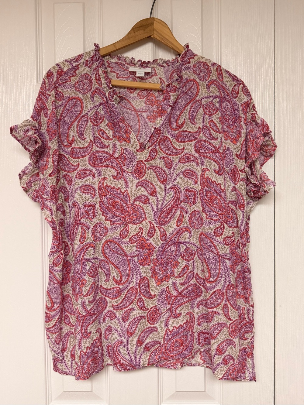 Jill Paisley Ruffle Flutter Sleeve Top Women’s M Pink Boho Rayon Blouse Office